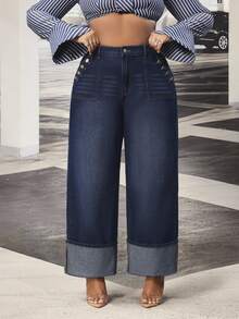 Slaydiva Cowgirl Outfit Plus Size Women's Blue Non-Stretch Cuffed Straight Leg Jeans - Dark Wash - View 1