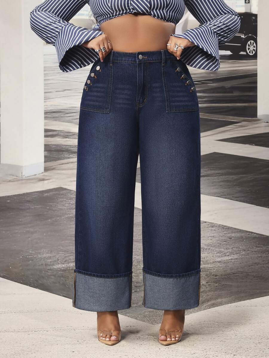 Slaydiva Cowgirl Outfit Plus Size Women's Blue Non-Stretch Cuffed Straight Leg Jeans - Dark Wash - View 1