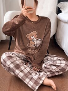 Napfluff Cute Bear Decor Soft Plush Comfortable Home Pajama Set, Soft Girl Style Pattern Long Pants Sleepwear - Brown - View 4