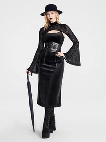 Breakform Gothic Dark Style Slimming Black Velvet Spaghetti Strap Dress - Black - View 5