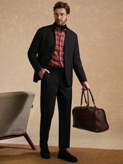 Core Aspect Men's Solid Color Long Sleeve Frog Button Placket Jacket And Pants Suit Set