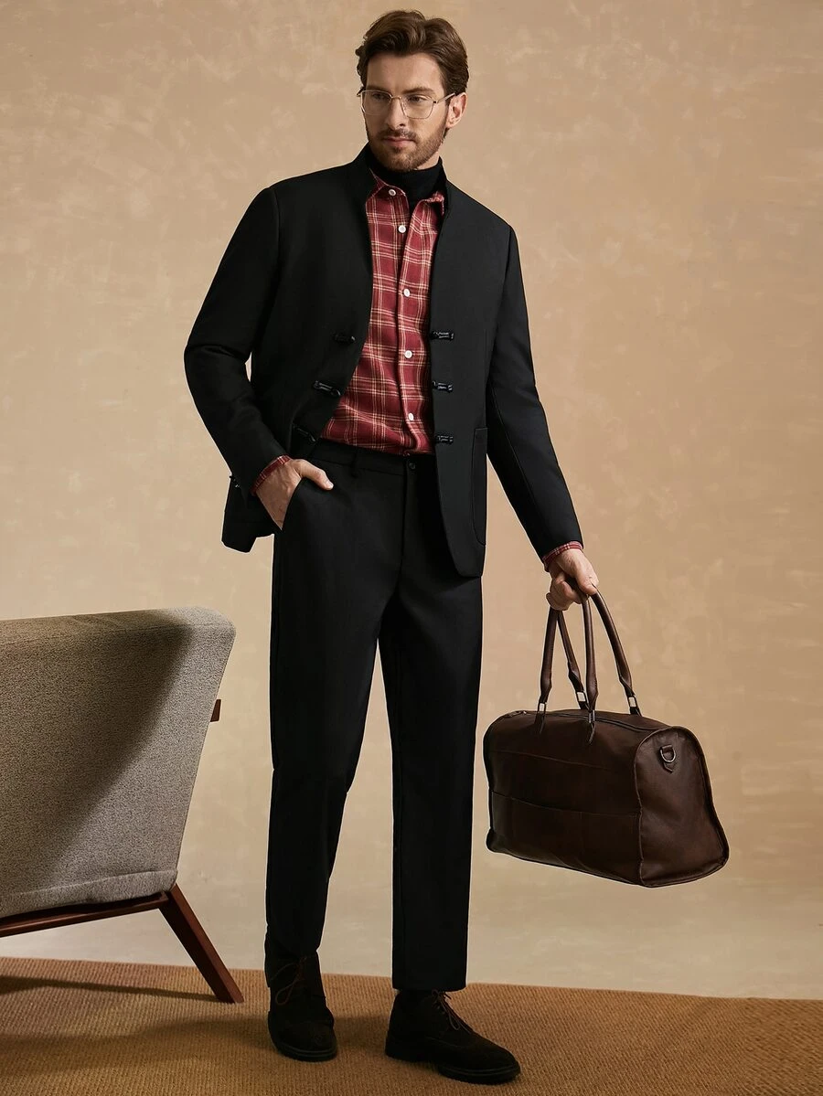 Core Aspect Men's Solid Color Long Sleeve Frog Button Placket Jacket And Pants Suit Set - Black - View 1