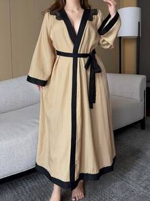 Dazy Plus Contrast Lace Tie Loose Elegant Loungewear Robe - Yellow - View 5