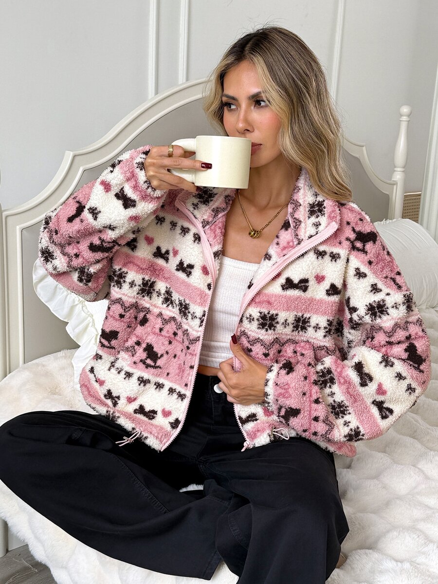 Easowa Women's Snowflake Pattern Drop Shoulder Long Sleeve Zip-Up Sweatshirt - Multicolor - View 1