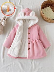 SHEIN 1件嬰兒幼童女童抓絨連帽外套，可愛甜美粉白配色，燈芯絨耳朵飾邊，鈕扣長袖加厚戶外冬季度假毛絨外套 - 珊瑚粉 - 查看 1