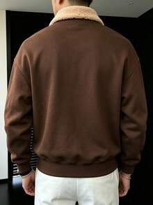 Manfinity CasualCool 男士抓絨領半拉鍊運動衫，寬鬆版型翻領套頭運動衫，適合秋冬穿著 - 咖啡棕 - 查看 2