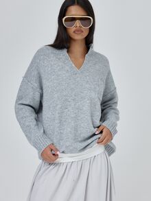 MUSERA Deep V Contrast Ribbed Hem Knitted Oversized Loose Fit Jumper Fall Autumn Winter Coolgirl Back To School Blancs - Grey - View 2