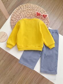 SHEIN 2pcs Cute Cartoon Pattern Sweatshirt And Elastic Waist Long Pants Set For Baby Girls - Yellow - View 2
