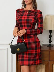 EMERY ROSE Gaun Pendek Wanita Motif Kotak-kotak Leher Bulat Lengan Panjang Pas Badan - Merah - View 5