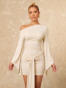 Lumalex Off-White Elegant Corset-Style Asymmetrical Shoulder Mini Dress,Body-Contouring Draped Bodice For Summer Date,Vacation,Party & Weddings - Apricot - View 5