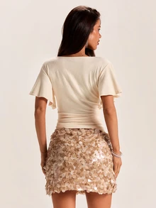 SHEIN BAE Atasan Wanita Motif Aprikot Polos, Bahan Kasmir Imitasi Termal, Leher V Dalam, Ruffle, dan Patchwork Renda untuk Musim Gugur/Dingin - Aprikot - View 2