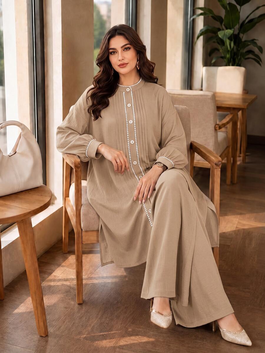 Lacomfia Plus Size Women's Minimalist Button Pleated Shirt And Loose Long Pants Set - Apricot - View 1