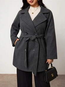 Enliva Plus Size Women's Belted Trench Coat Double Breasted Notched Lapel Mid Length Outerwear Flattering Compatible With Apple Shape Rounded Body - Dark Grey - View 3