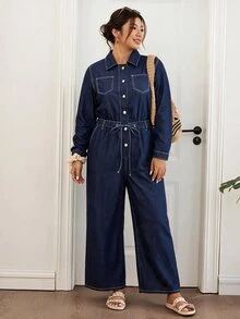 Lounesse Plus Size Women's Casual Daily Denim Jumpsuit - Blue - View 4
