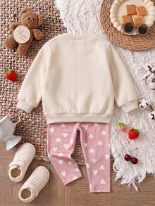 SHEIN Baby Girl Embroidered Round Neck Long Sleeve Sweatshirt And Heart Print Pants Set - Pink - View 2