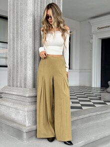 Pariaura Elegant Linen-Like Mid-Waist Draped Skin-Friendly Commuter Style Regular Long Pants - Khaki - View 4