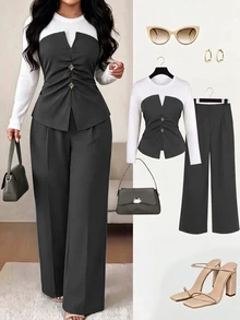 GlowEve CURVE Plus Size Elegant Elegant Autumn/Winter Round Neck Faux Two Pieces Ruched Long Sleeve Top & Straight Leg Pants 2 Pieces Set - Grey - View 1