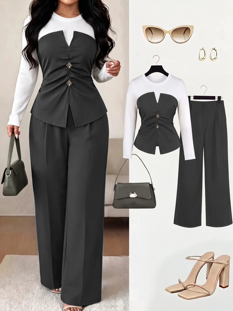 GlowEve CURVE Plus Size Elegant Elegant Autumn/Winter Round Neck Faux Two Pieces Ruched Long Sleeve Top & Straight Leg Pants 2 Pieces Set - Grey - View 1