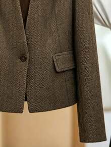 SHEIN Franclia Women Blazer Slim Fit Structured Shoulder Woolen Textured Knit Collar Single Breasted Old Money Brown Geometric Fall Clothes For Women - Coffee Brown - View 5