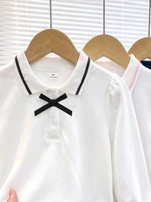 Elladie kids 女童 3 件組蝴蝶結長袖 Polo 衫，條紋立領精緻圓鈕扣，長袖 T 恤，基本素色修身 T 恤，適合返校季 - 彩色 - 查看 3