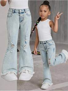 SHEIN ChillGRL Girls' Fashionable Versatile Denim Jeans, Soft & Comfortable Stretch Fabric, Distressed Light Wash With Ripped Hem Vintage Denim Craft, Flare Leg Style, Suitable For All Seasons, Spring/Autumn New Arrival - Light Wash - View 1