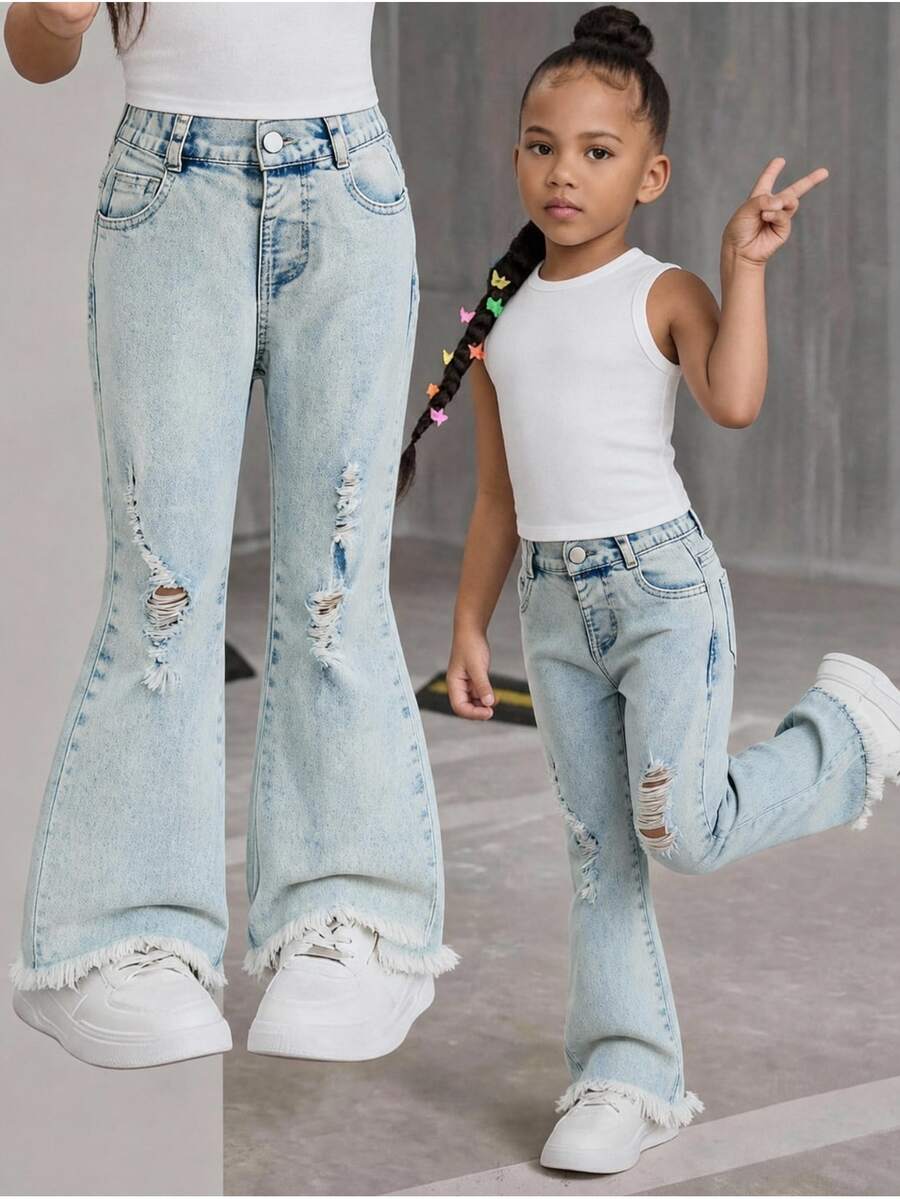 SHEIN ChillGRL Girls' Fashionable Versatile Denim Jeans, Soft & Comfortable Stretch Fabric, Distressed Light Wash With Ripped Hem Vintage Denim Craft, Flare Leg Style, Suitable For All Seasons, Spring/Autumn New Arrival - Light Wash - View 1