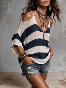 Solivie Women's Striped Cold Shoulder Loose Casual Versatile Sweater - Navy Blue - View 8