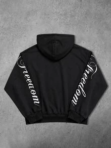ROMWE MEN Men's Casual Letter Print Colorblock Hoodie - Black - View 8