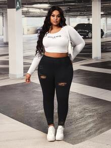 Slaydiva Women's Plus Size Fashion Sexy Versatile Ripped Skinny Jeans - Black - View 6