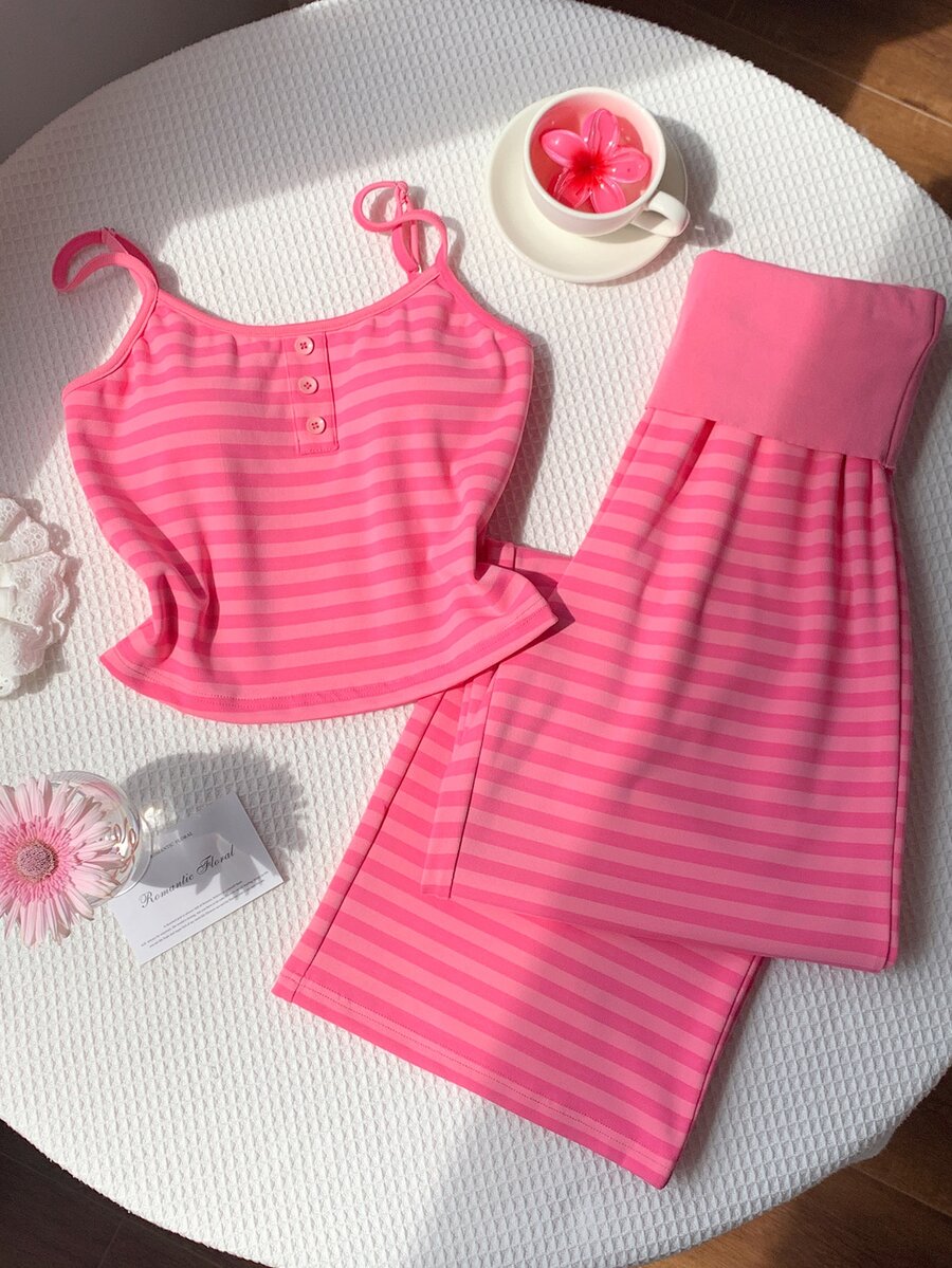 Comfortcana Women's Button Strap Tank Top And Striped Colorblock Pants 2 Pieces Set - Hot Pink - View 1