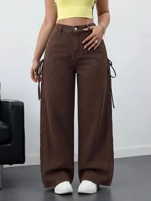 SHEIN ICON 女款休閒寬鬆蝴蝶結牛仔褲 - 棕色 - 查看 9