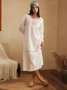 Lullawish Women's Bohemian Hollow Embroidery Lace Patchwork Comfortable Loose White Pure Cotton Nightgown - White - View 3