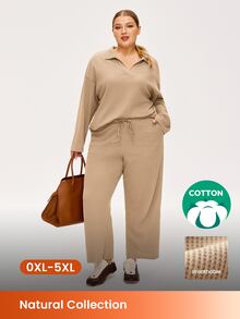 LUVLETTE Piyama Wanita Ukuran Plus Musim Gugur, Bahan Katun Lembut Waffle, Lengan Panjang & Celana Panjang, Set Piyama Santai 2 Potong dengan Kantong, Celana dengan Kantong, Piyama Musim Gugur - Aprikot - View 1