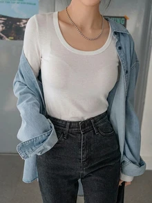 DAZY 女款純色圓領長袖休閒百搭T恤 - 白色 - 查看 6