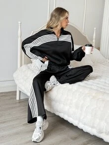 Easowa Women's Striped Colorblock Long Sleeve Sweatshirt & Loose Pants Two Pieces Set - Black - View 2