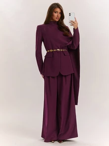 SHEIN BAE Women's Solid Color Asymmetric Design Blazer And Pants Elegant Suit Set,Women's Social Suit Set - Purple - View 4