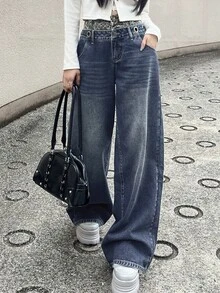 FRIFUL 女款寬腿鬆垮休閒百搭牛仔褲，附口袋 - 藍色 - 查看 8