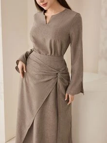 Veilorie Long Sleeve Twist Loose Skirt Plus Size 2 Pieces Set - Mocha Brown - View 1