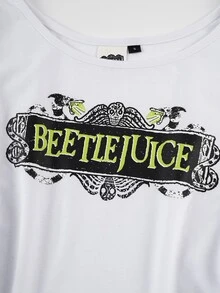 Beetlejuice X SHEIN Women's Street Letter Print Lace Patchwork Cuff Top - White - View 5
