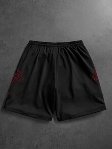 PAVTROS 男士十字刺繡抽繩腰口袋休閒短褲 - 黑色 - 查看 3