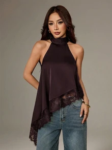 SHEIN PETITE 不對稱高領掛脖上衣，蕾絲飾邊，晚宴派對雞尾酒會正式優雅無袖款 - 紫紅色 - 查看 1