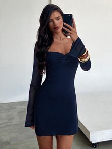 Aloruh Women's Elegant Square Neck Ruched Bell Sleeve Fitted A-Line Textured Fabric Mini Dress - Navy Blue - View 7