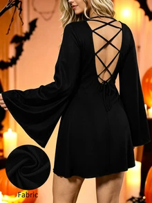 SHEIN LUNE Gaun Mini Ukuran Besar Bergaris Hitam Seksi Gaya Gothic dengan Lengan Panjang Mengembang dan Tali Silang di Bagian Belakang, Cocok untuk Nuansa Halloween, Cocok untuk Pergi ke Klub Malam di Musim Gugur. - Hitam - View 1