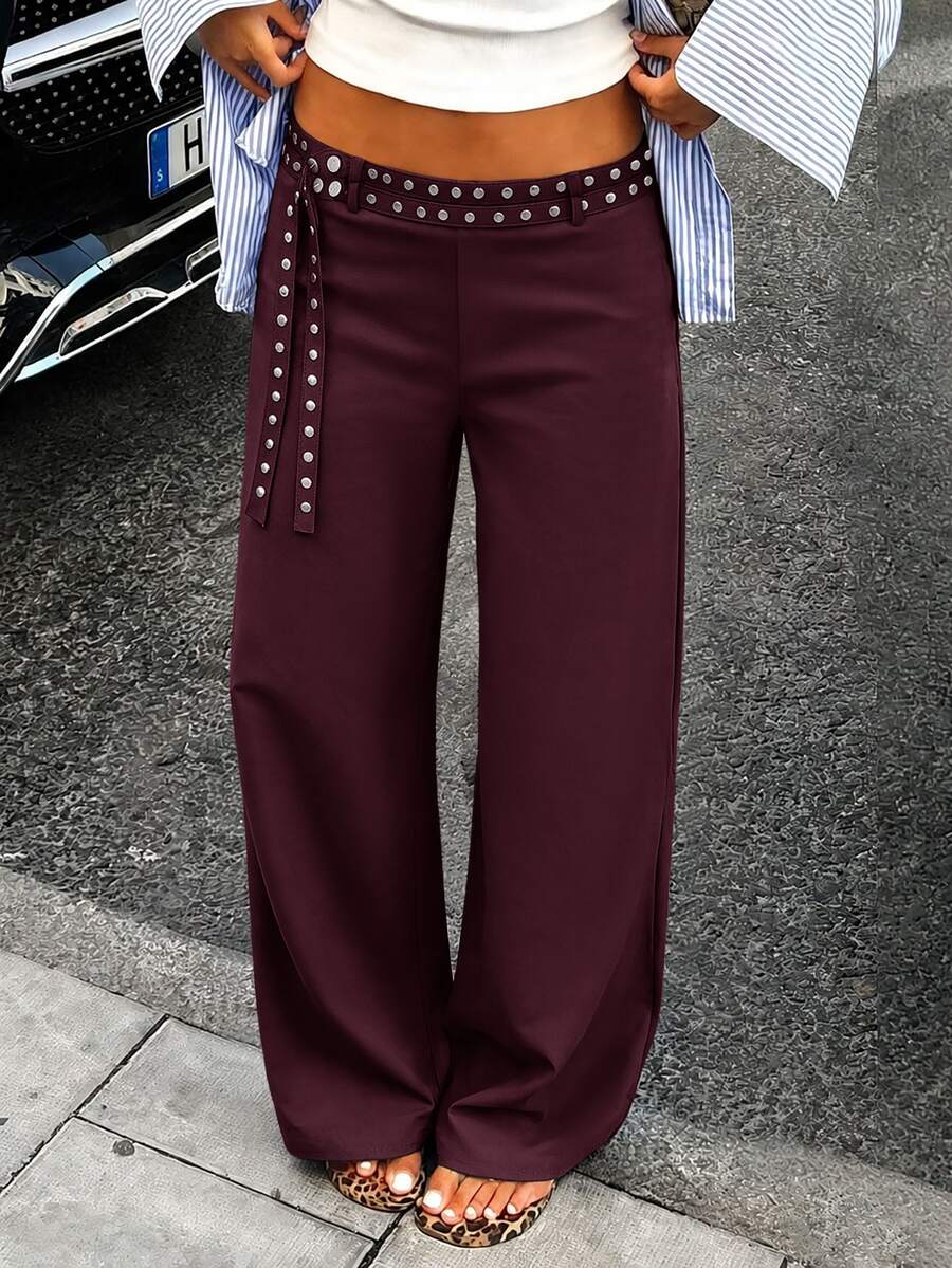 Avenya Low Waist Rivet & Ribbon Decor Wide Leg Pants, Slimming Drape, Casual Daily Commute - Burgundy - View 1