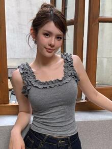 DAZY 女款純色荷葉邊修身百搭日常休閒上衣 - 灰色 - 查看 3