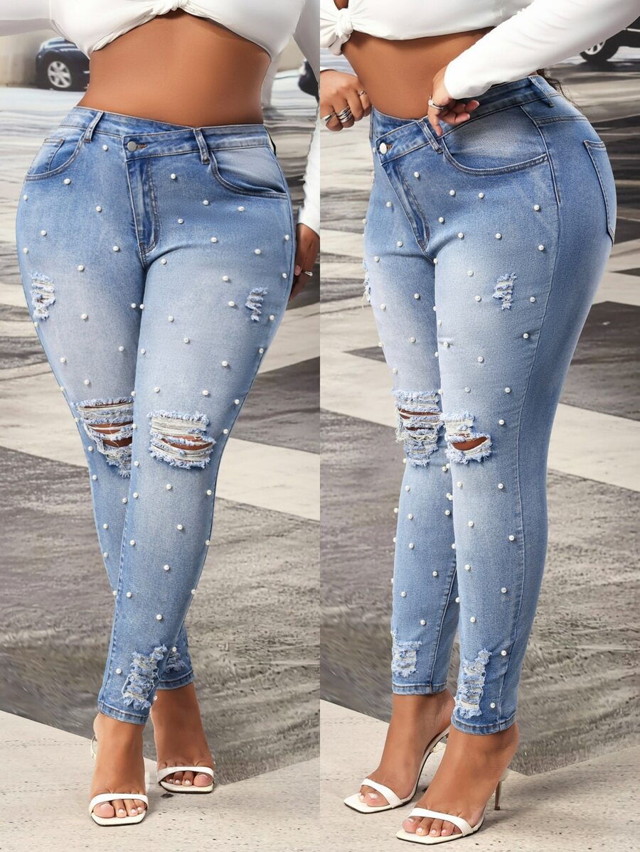 Slaydiva Cowgirl Outfit Plus Size Women's Blue Stretch Sexy Ripped Asymmetric Waist Skinny Jeans - Light Wash - View 1