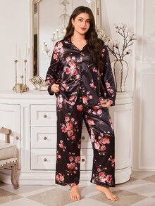 MuseNap CURVE Set Piyama Lengan Panjang Motif Bunga dengan Kerah Klasik Ukuran Plus, Pakaian Santai Rumah yang Modis dan Nyaman, Set 2 Potong - Hitam - View 2