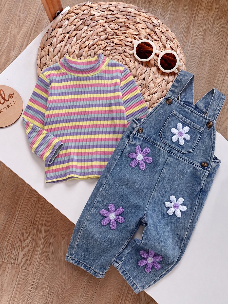 Vintaside Kids Solid Color Pullover Long Sleeve Top And 3D Rabbit Decor Sleeveless Overall Jumpsuit Baby Girl T-Shirt Set - Multicolor - View 1