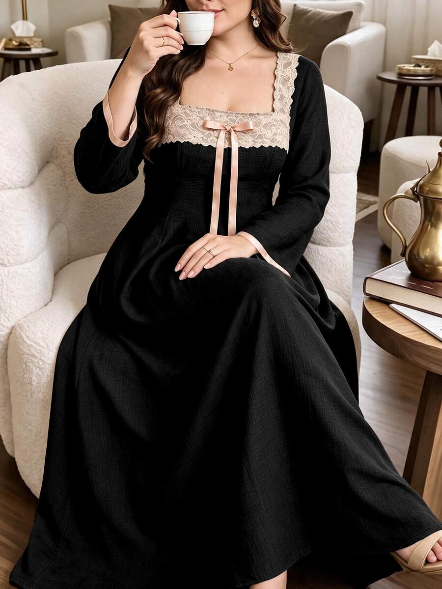 Lacomfia Women's Square Neck Long Sleeve Lace Contrast Color Bow Elegant Design High-End Textured Jacquard Solid Color Autumn/Winter Plus Size Dress - Black - View 1