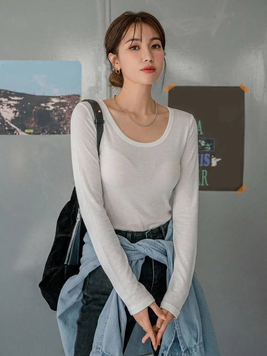 DAZY 女款純色圓領長袖休閒百搭T恤 - 白色 - 查看 1